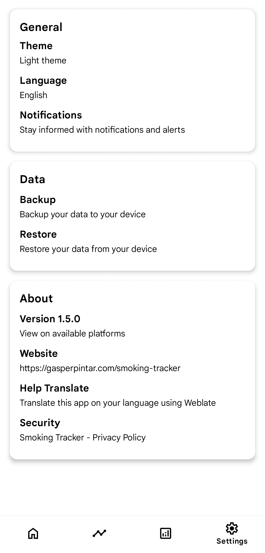 Settings page of Smoking Tracker application