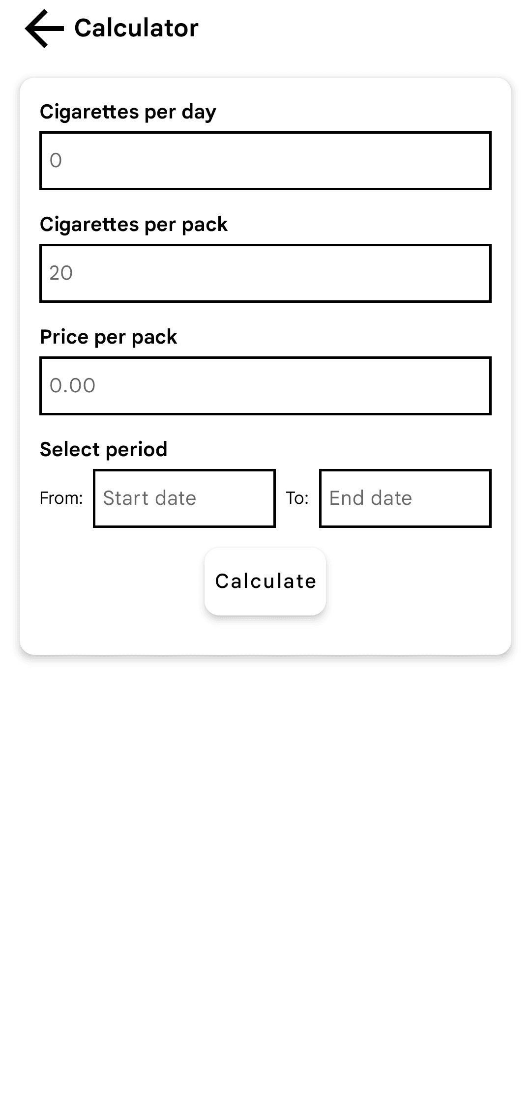 Calculator page of Smoking Tracker application