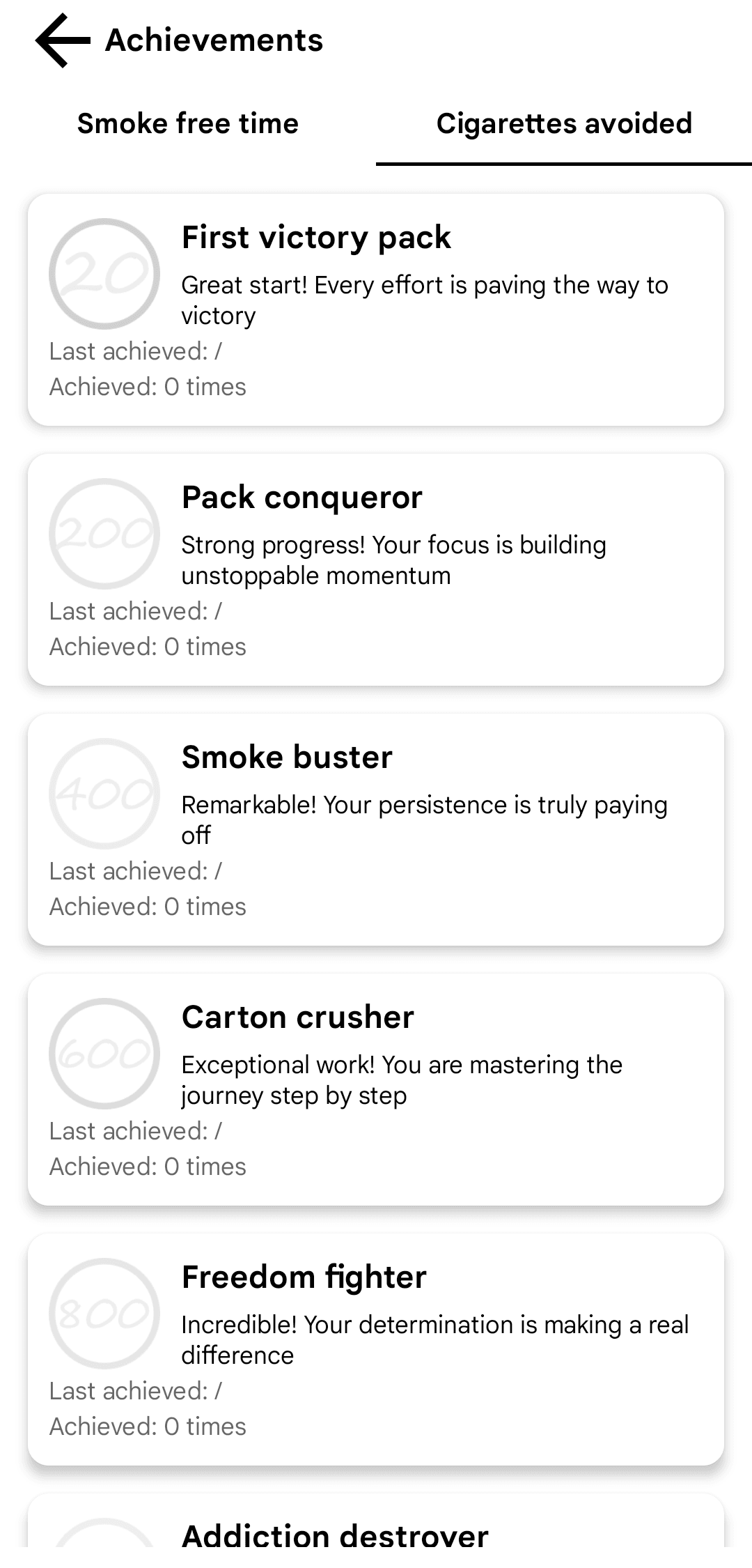 Achievements - Cigarettes avoided page of Smoking Tracker application
