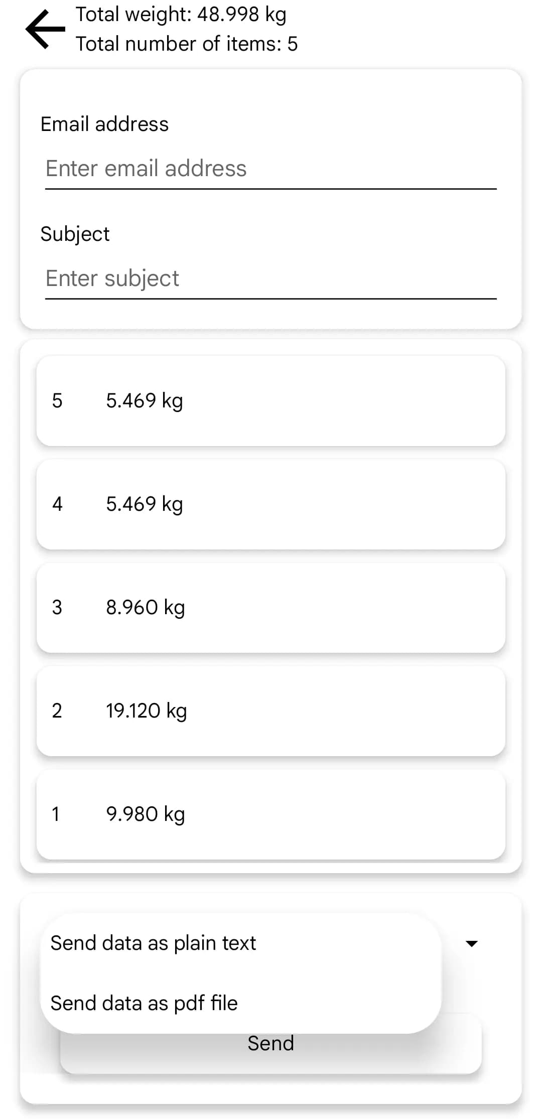 Email page of Item Weight Scanner application