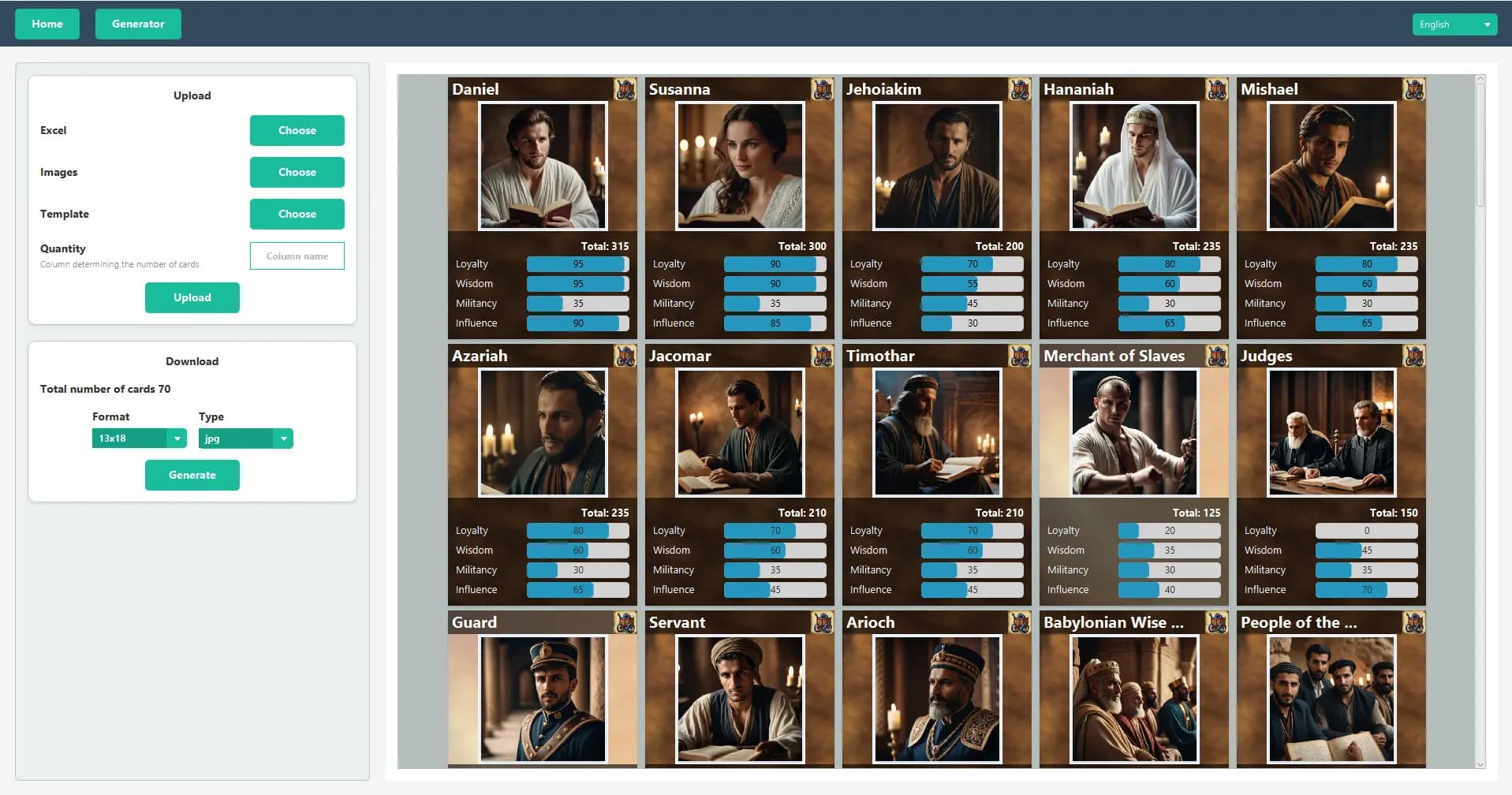Generator page of Card Generator application