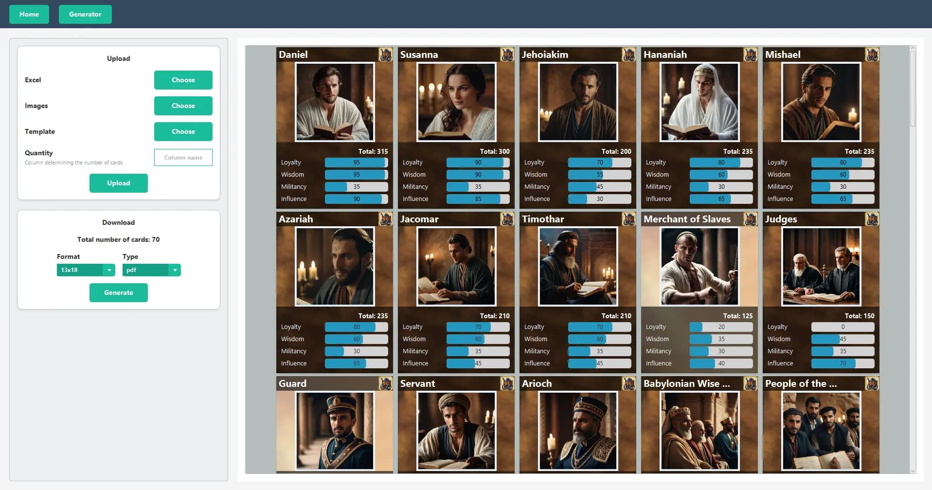 Generator page of Card Generator application