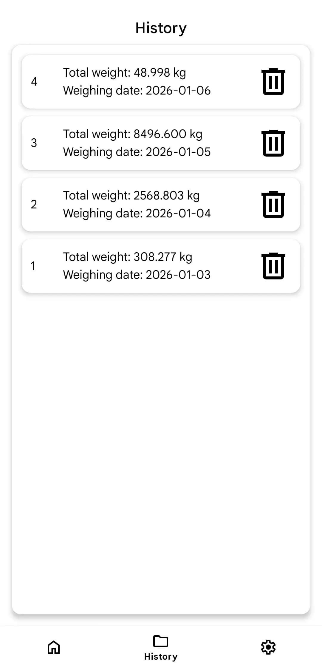 History page of Item Weight Scanner application