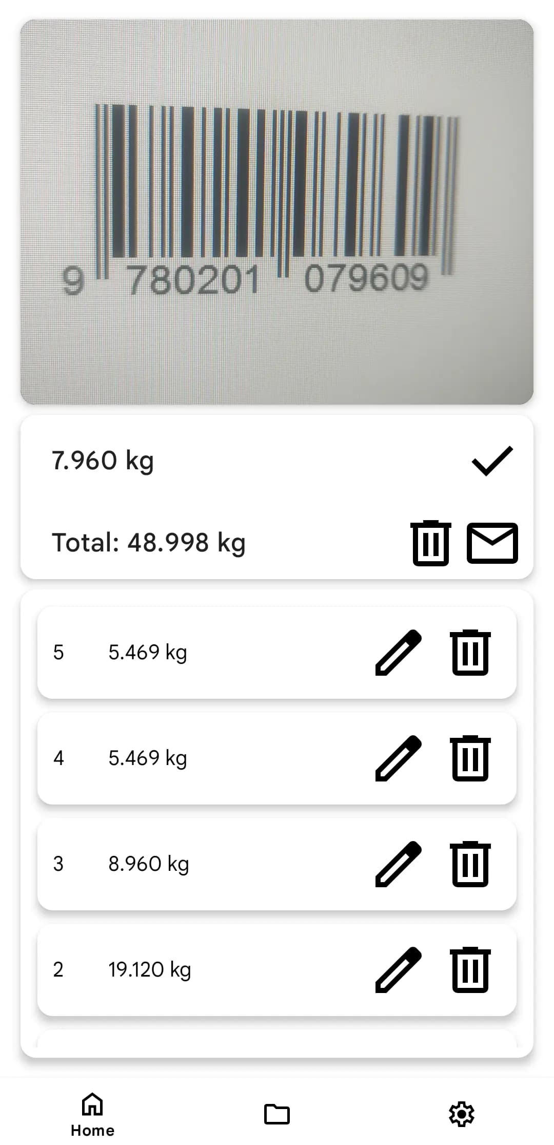 Home page of Item Weight Scanner application
