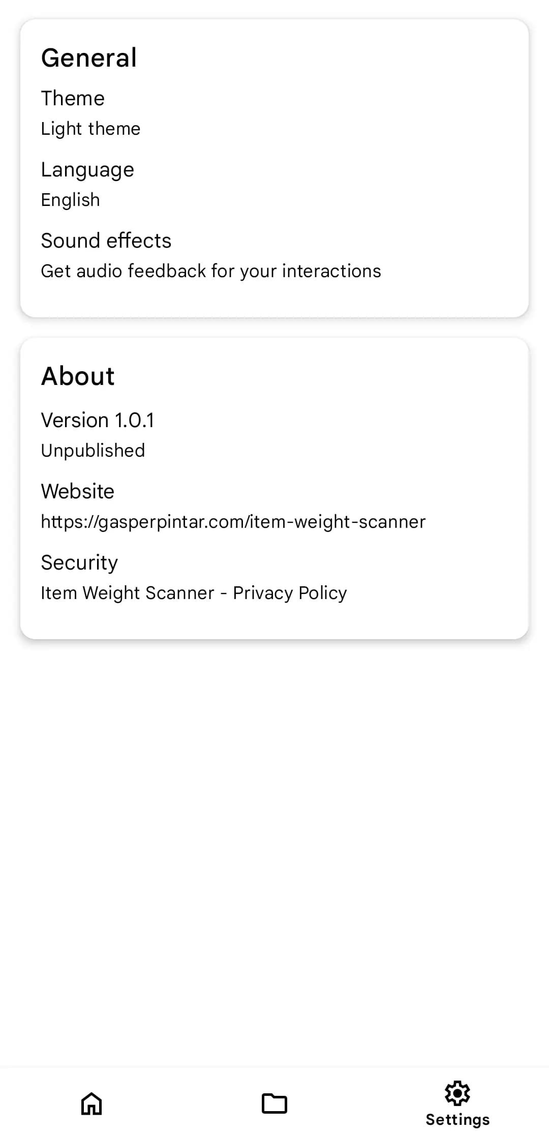 Settings page of Item Weight Scanner application