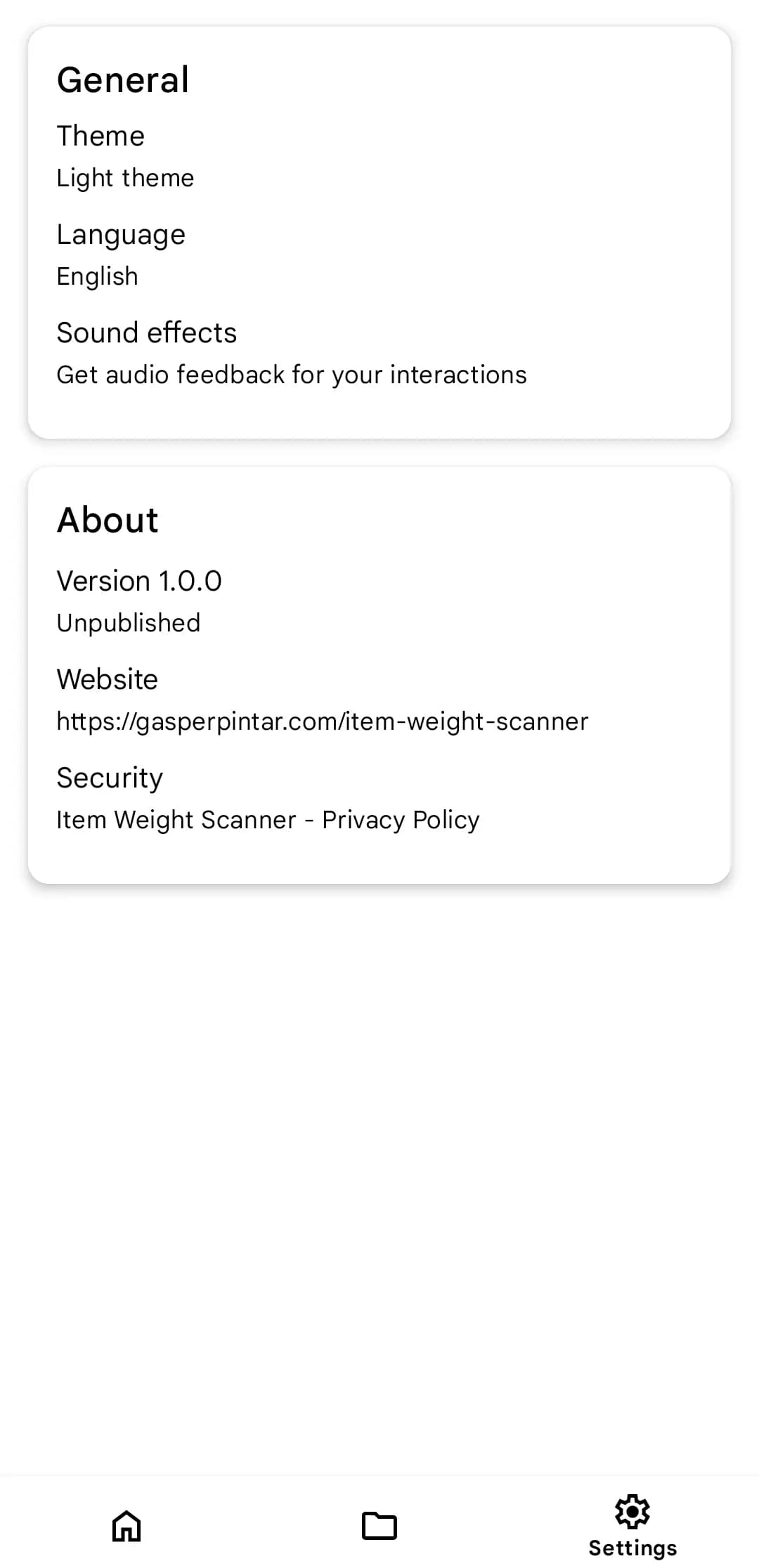 Settings page of Item Weight Scanner application