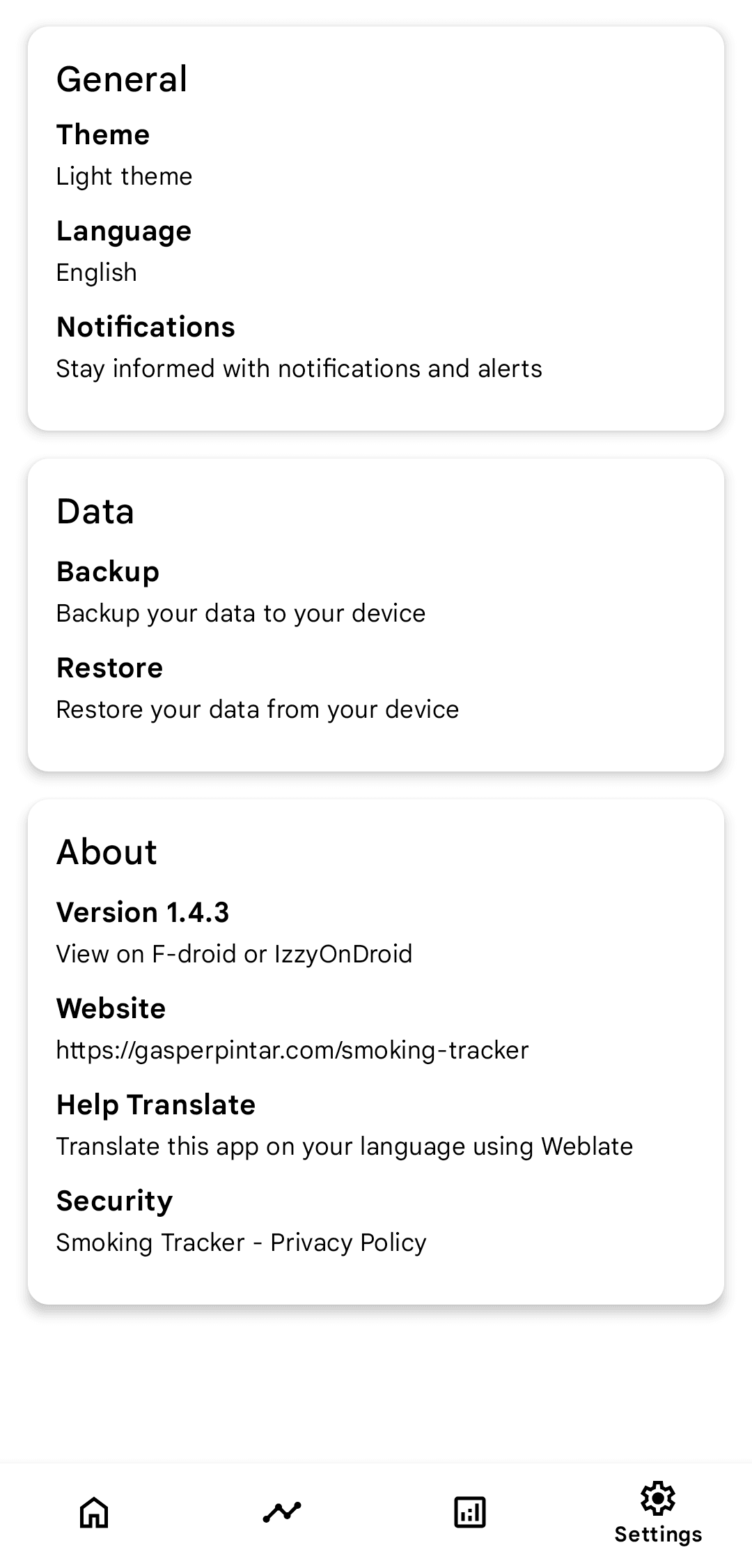 Settings page of Smoking Tracker application