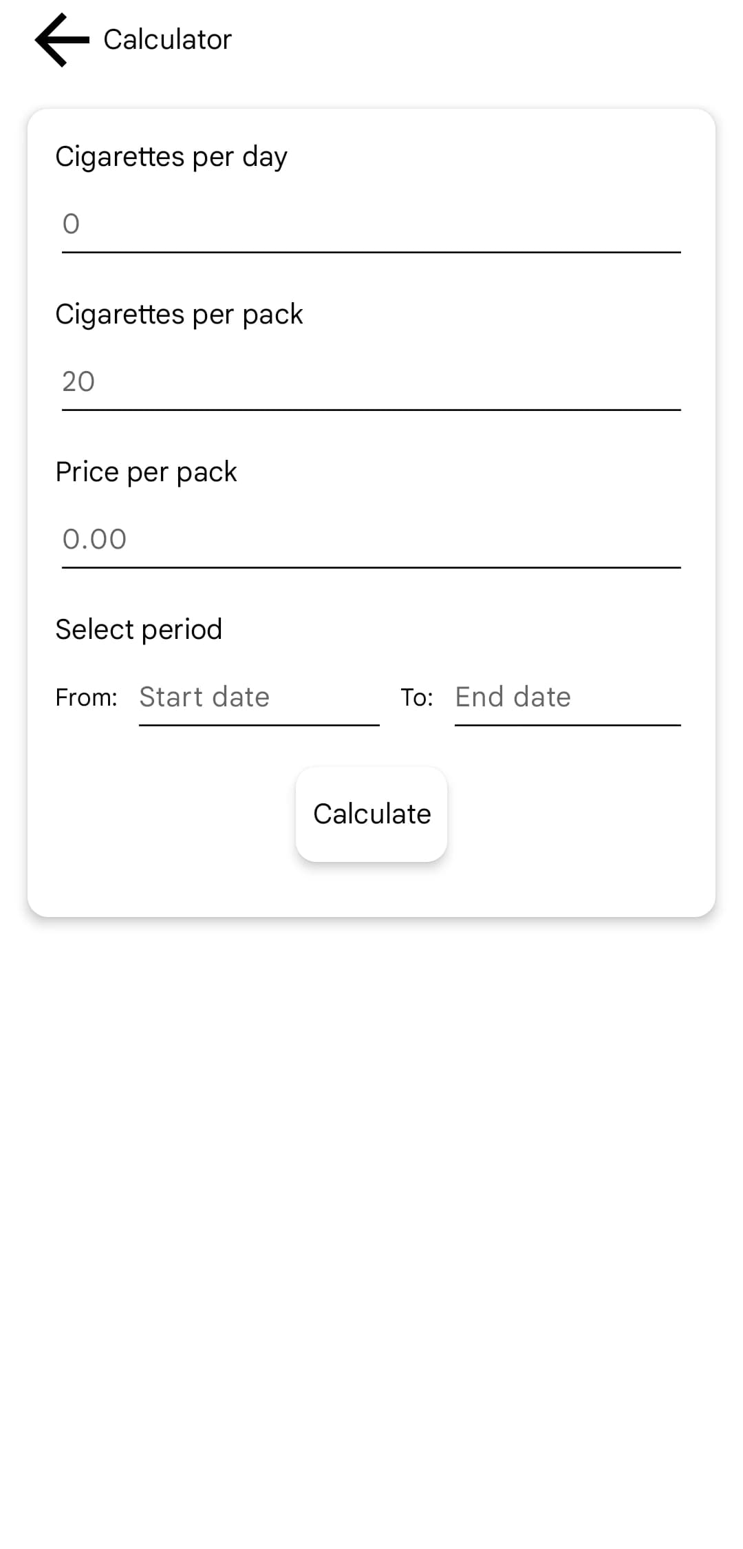 Calculator page of Smoking Tracker application