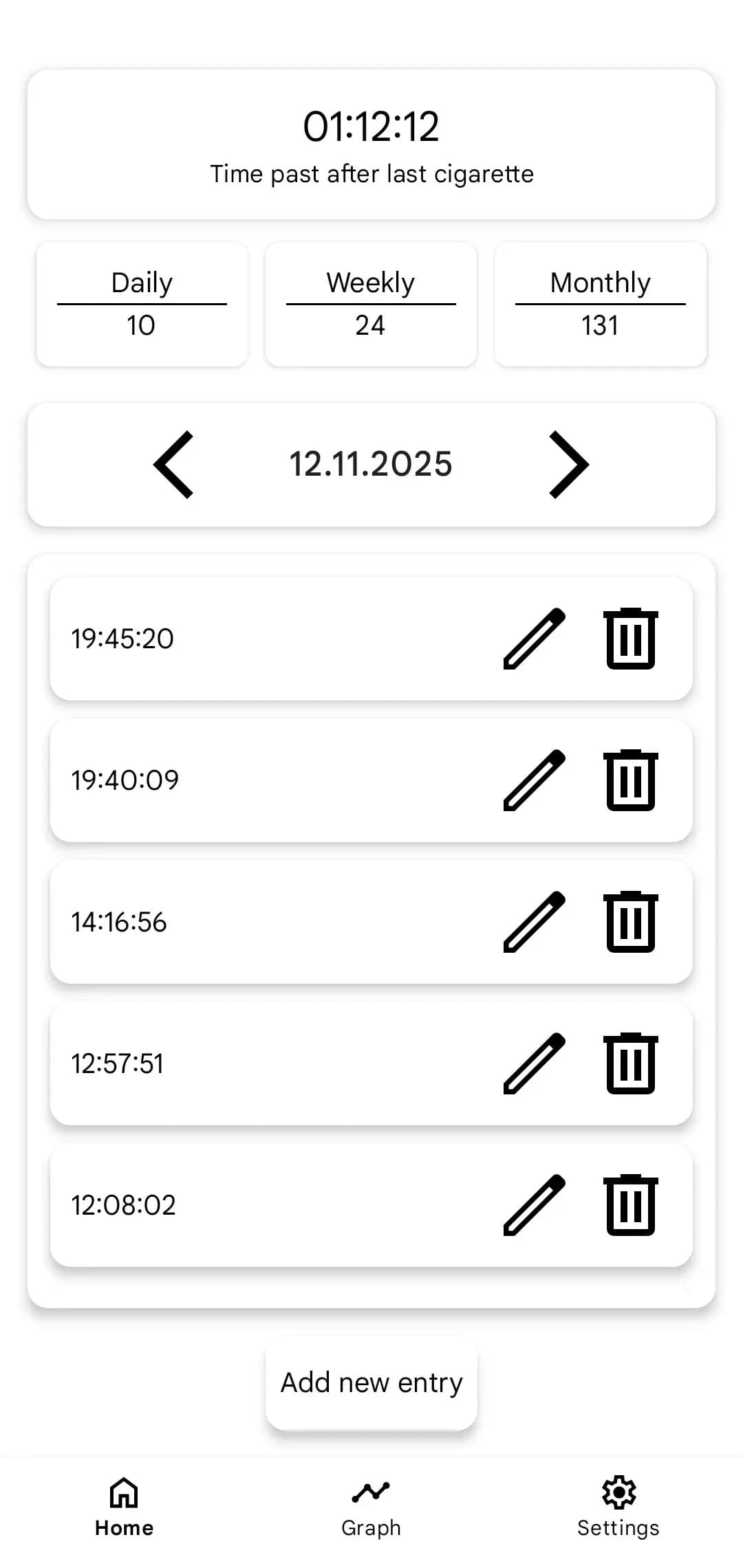 Home page of Smoking Tracker application