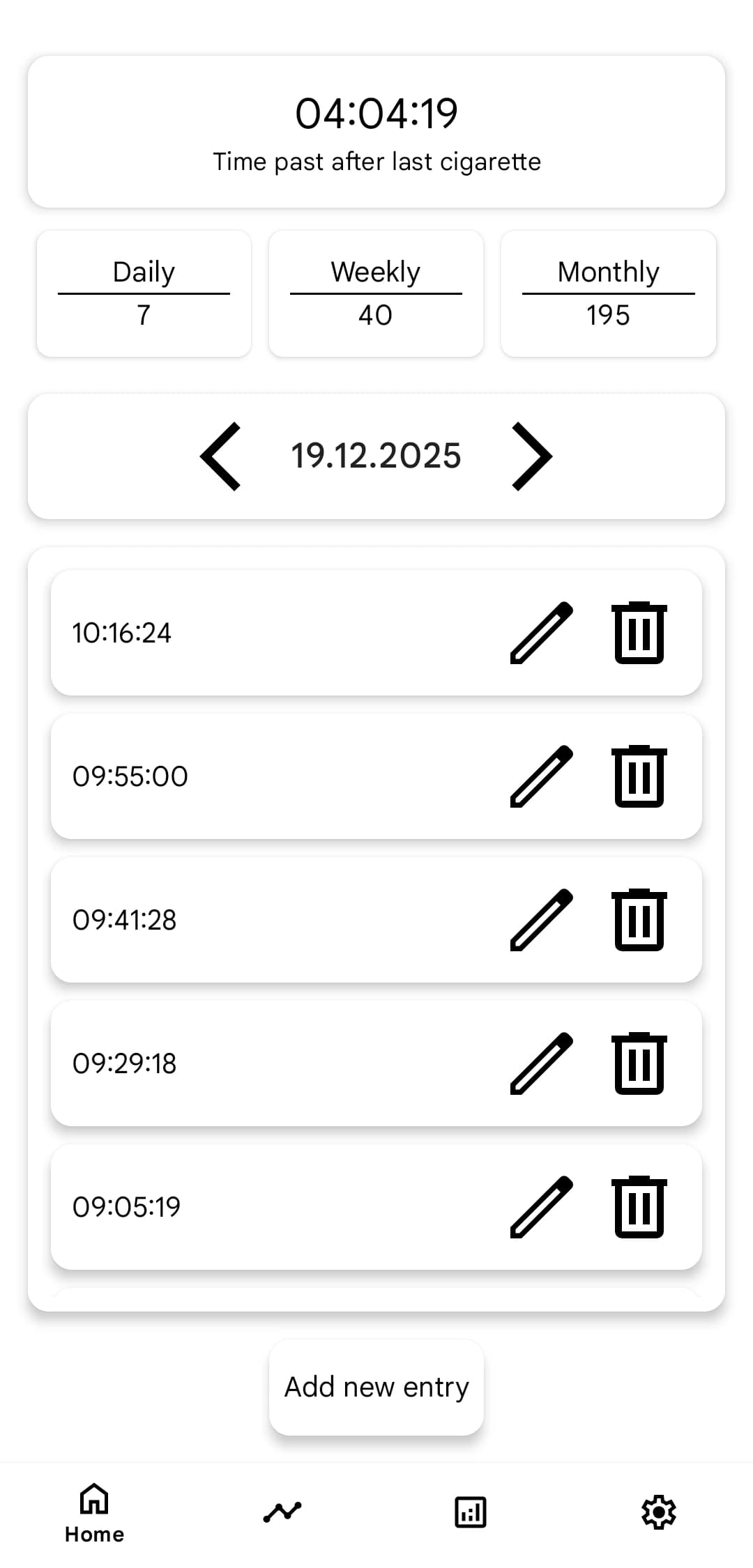 Home page of Smoking Tracker application