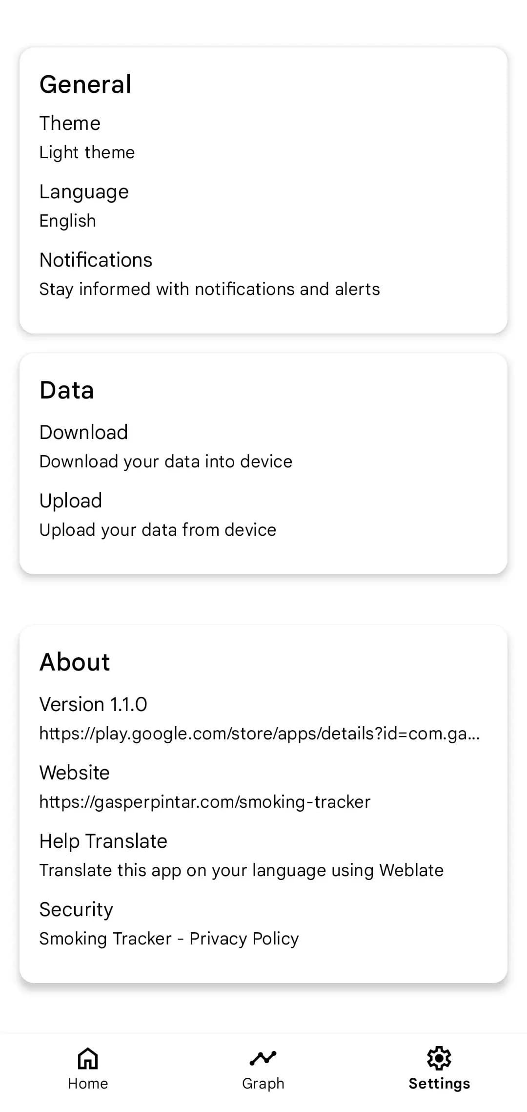 Settings page of Smoking Tracker application
