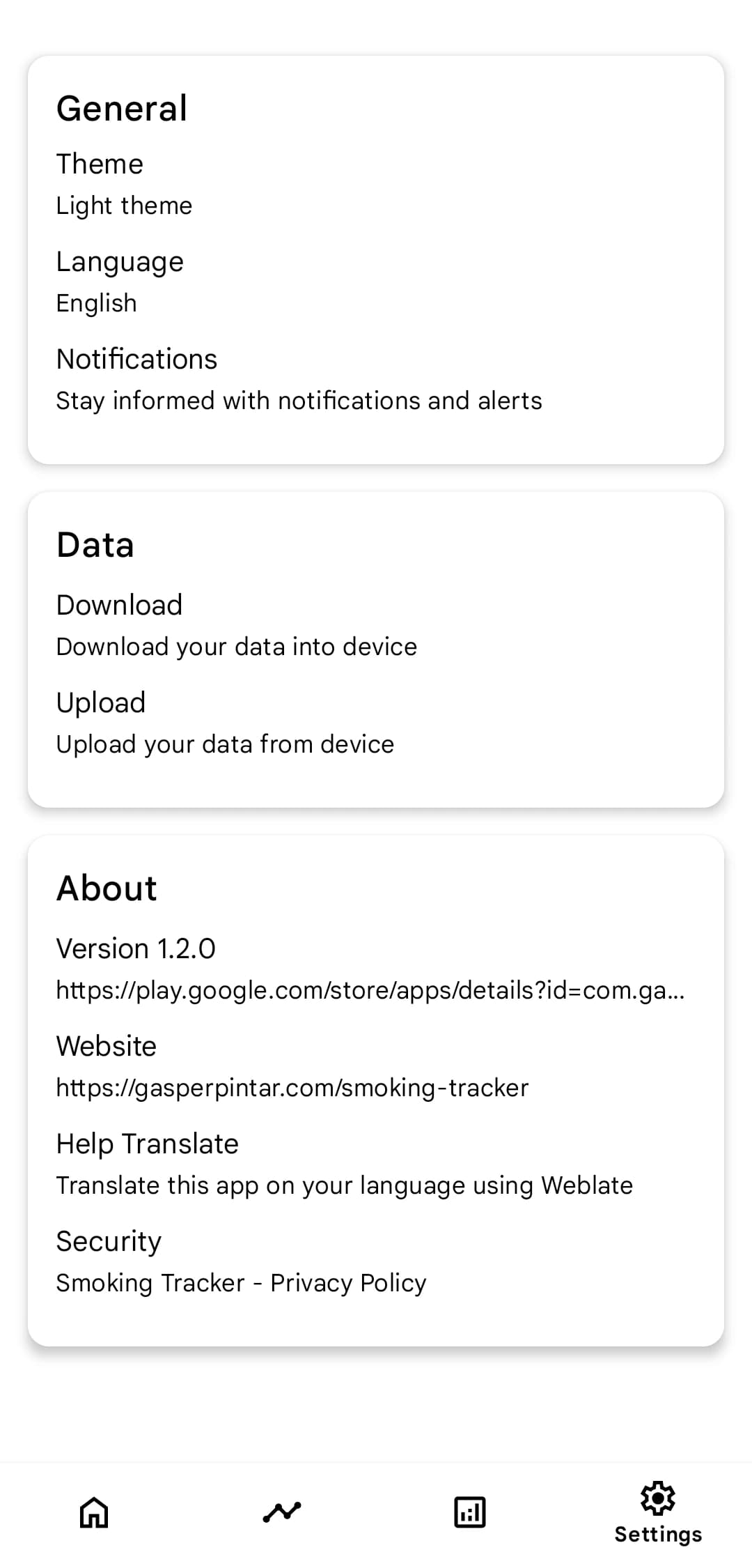 Settings page of Smoking Tracker application